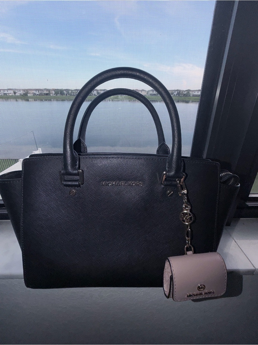 Michael Kors Black Saffiano Satchel with Dusty Pink Key Pouch